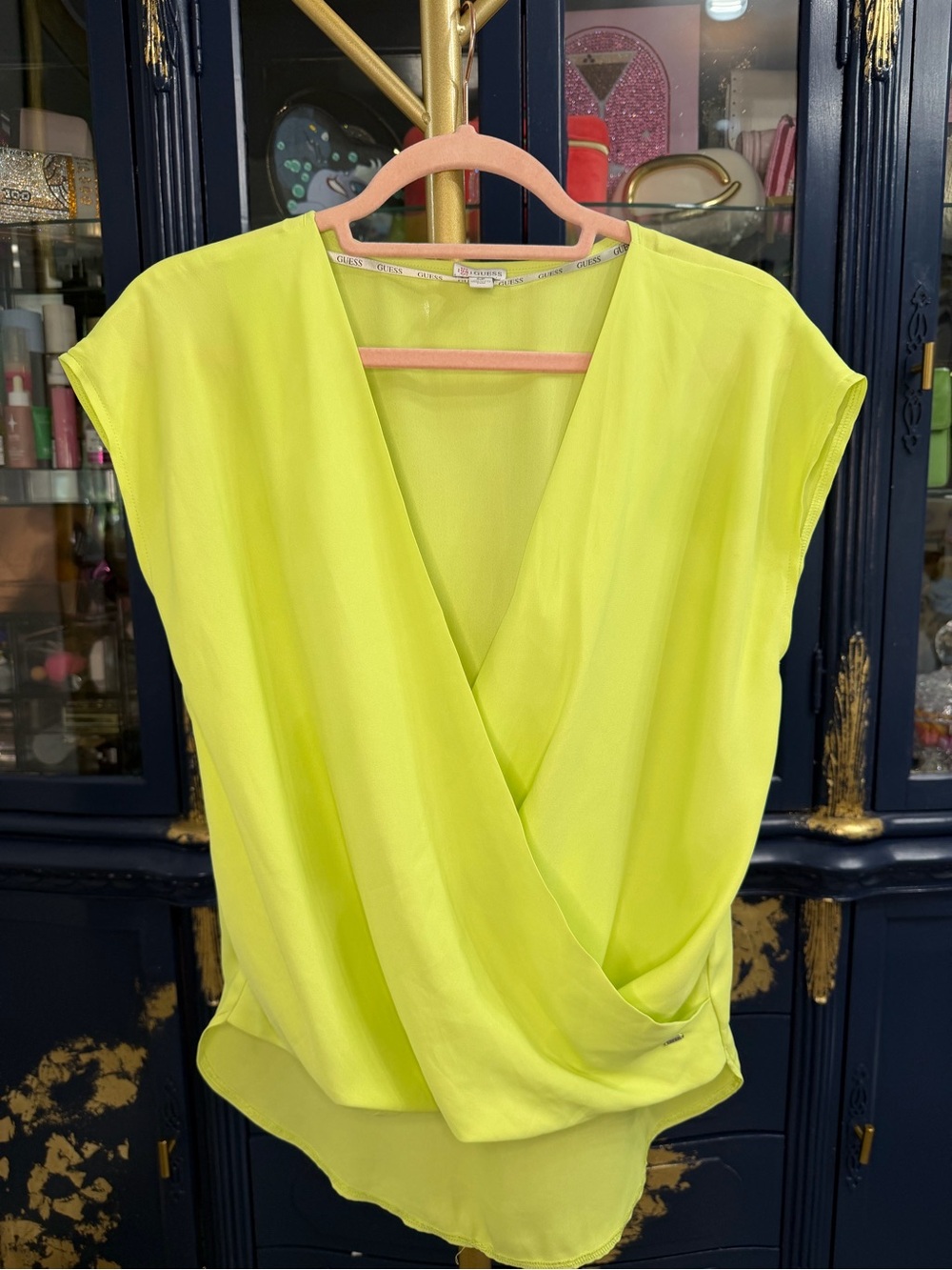 GUESS Neon Chartreuse Faux Wrap Draped V-Neck Blouse